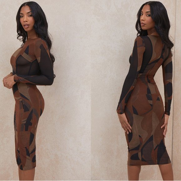 House of CB 'Cassidy' Brown Mesh Printed Long Sleeve Midi Dress NWOT - Picture 9 of 16